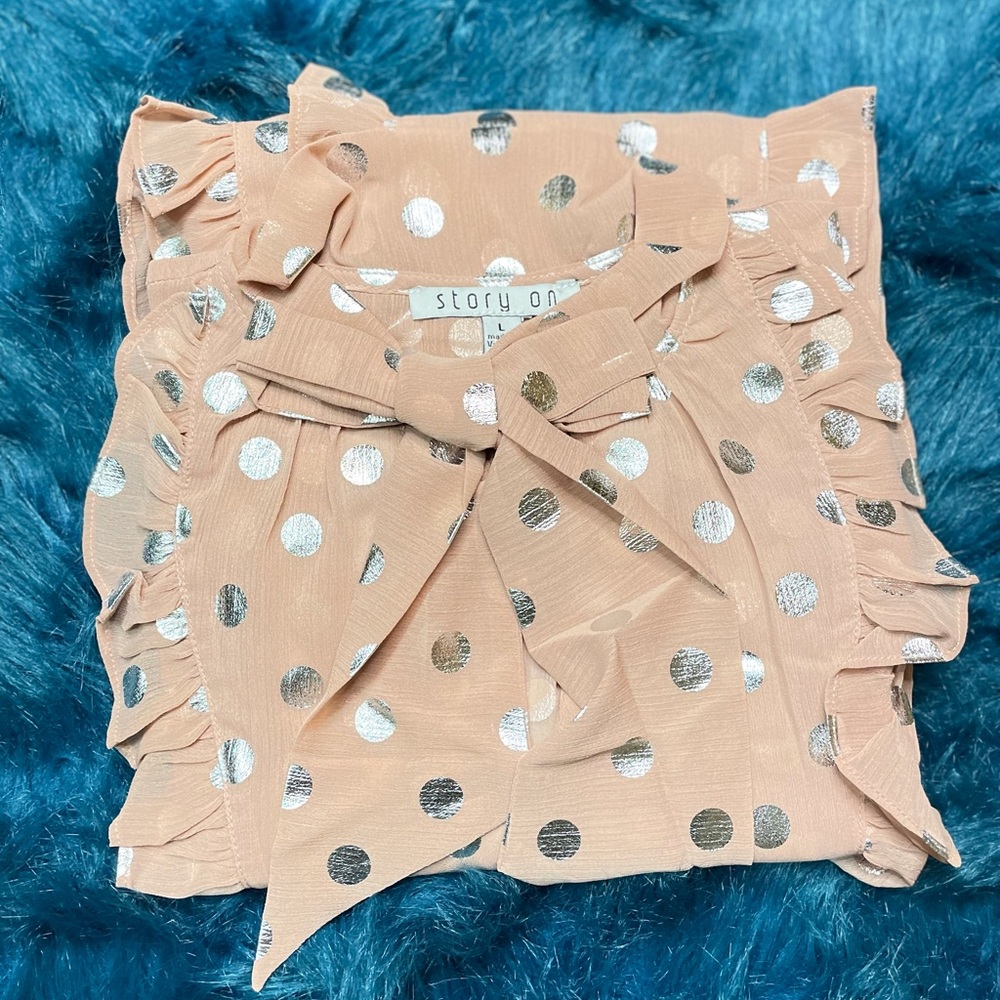 Mauve/Silver Sheer Long Sleeve Polka Dot Neck Tie Blouse - Picture 7 of 15